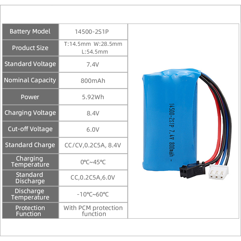 14500 batería de iones de litio 7.4v 800mAh 2s1p